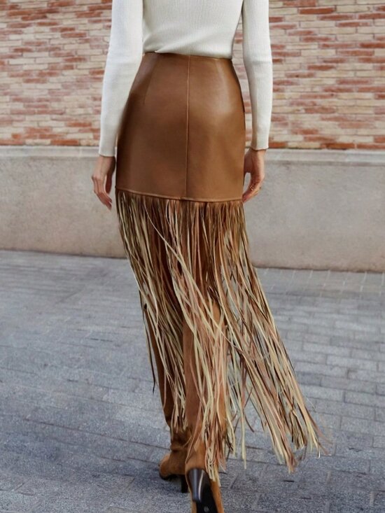 Khaki Bohemian Women's Wrap Midi Skirt Tassel Hem - Picture 2 of 6